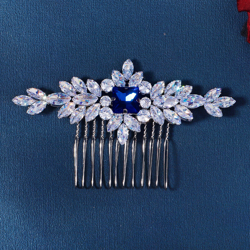 Grezna sudraba roku darbs līgavas matu ķemme zila dārgakmens kristāla iestatīšana kāzu kāzu ieliktņi ķemmes galvassegas rotaslietas