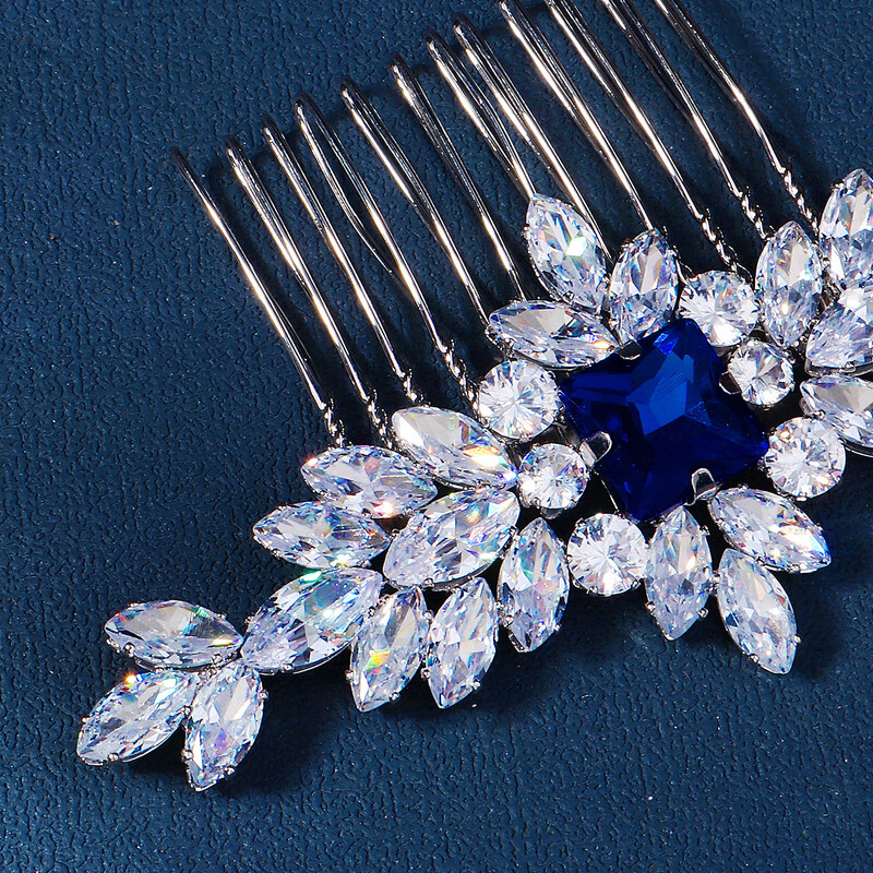 Grezna sudraba roku darbs līgavas matu ķemme zila dārgakmens kristāla iestatīšana kāzu kāzu ieliktņi ķemmes galvassegas rotaslietas