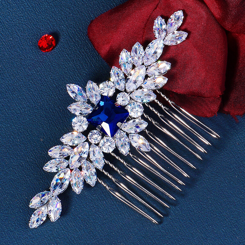 Grezna sudraba roku darbs līgavas matu ķemme zila dārgakmens kristāla iestatīšana kāzu kāzu ieliktņi ķemmes galvassegas rotaslietas