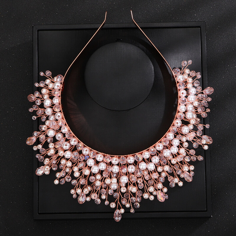 Cristal Perle Bentita de mireasa Coroana Ornamente pentru femei lucrate manual Accesorii pentru par de nunta roz Bijuterii Petrecere Mireasa Tiare