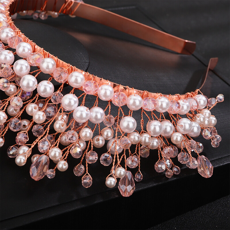 Cristal Perle Bentita de mireasa Coroana Ornamente pentru femei lucrate manual Accesorii pentru par de nunta roz Bijuterii Petrecere Mireasa Tiare