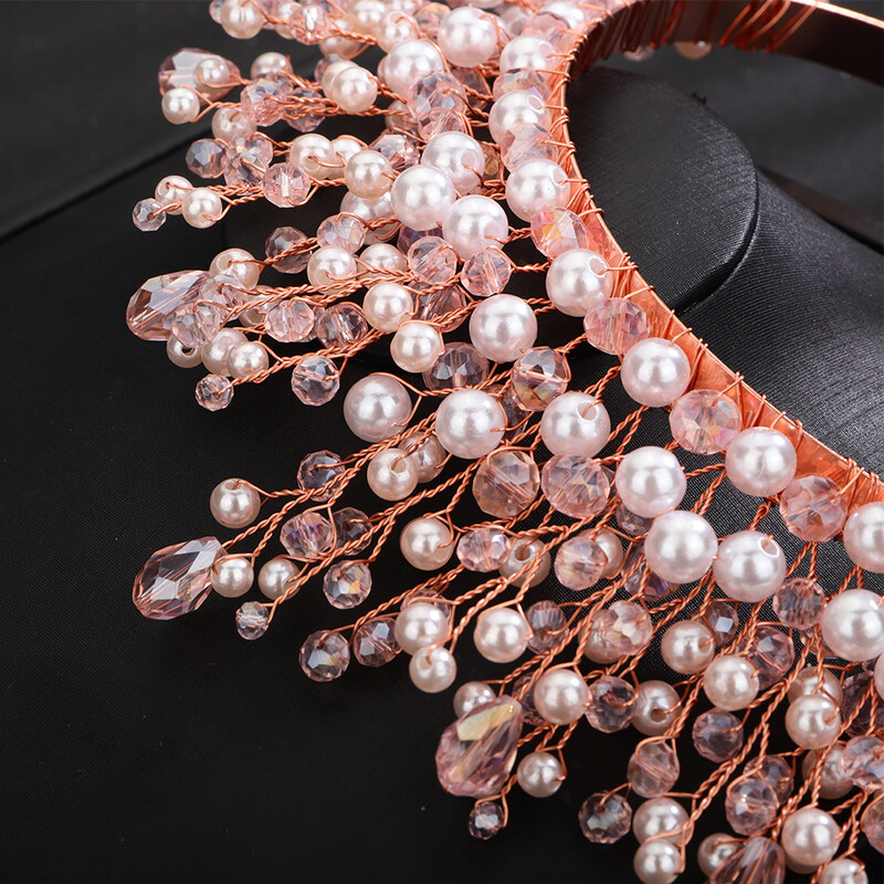 Cristal Perle Bentita de mireasa Coroana Ornamente pentru femei lucrate manual Accesorii pentru par de nunta roz Bijuterii Petrecere Mireasa Tiare