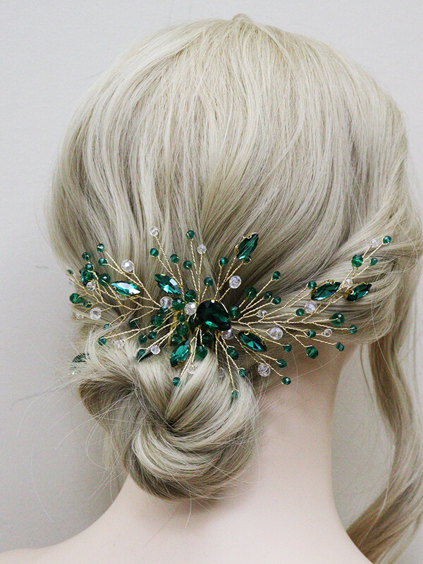 Zeltaini Zaļie Rhinestones Kāzu matu ķemmes krelles Kristāla līgavas galvas lentes sudraba krāsas sieviešu matu aksesuāri līgavu galvassegas