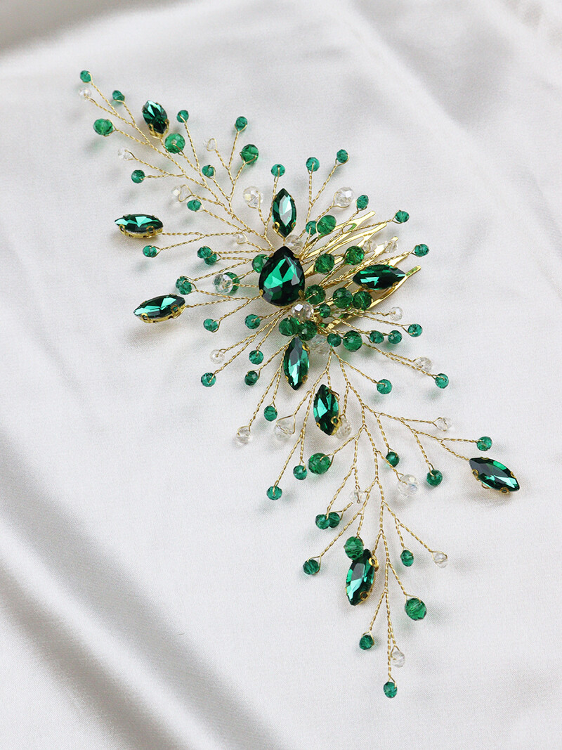 Zeltaini Zaļie Rhinestones Kāzu matu ķemmes krelles Kristāla līgavas galvas lentes sudraba krāsas sieviešu matu aksesuāri līgavu galvassegas