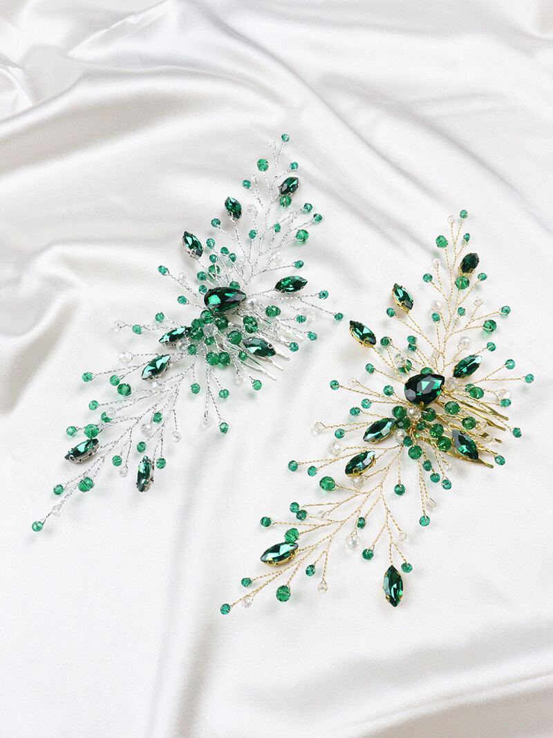 Zeltaini Zaļie Rhinestones Kāzu matu ķemmes krelles Kristāla līgavas galvas lentes sudraba krāsas sieviešu matu aksesuāri līgavu galvassegas