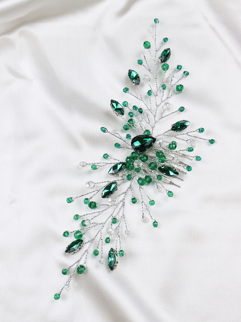 Zeltaini Zaļie Rhinestones Kāzu matu ķemmes krelles Kristāla līgavas galvas lentes sudraba krāsas sieviešu matu aksesuāri līgavu galvassegas