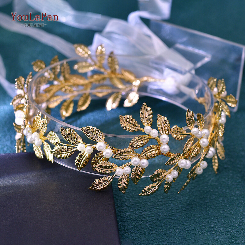 YouLaPan ötvözött leveles tiara női gyöngyökhöz menyasszonyi fejpánt esküvői hajkiegészítők kézzel készített lány fejdísz organzával HP353
