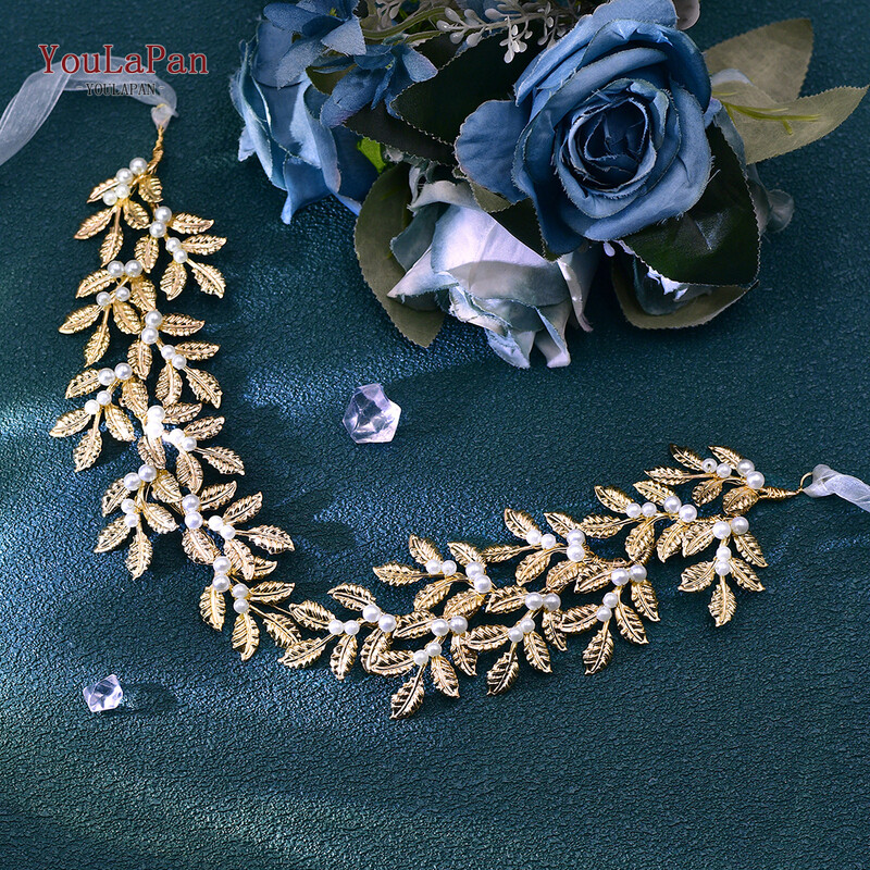 YouLaPan ötvözött leveles tiara női gyöngyökhöz menyasszonyi fejpánt esküvői hajkiegészítők kézzel készített lány fejdísz organzával HP353