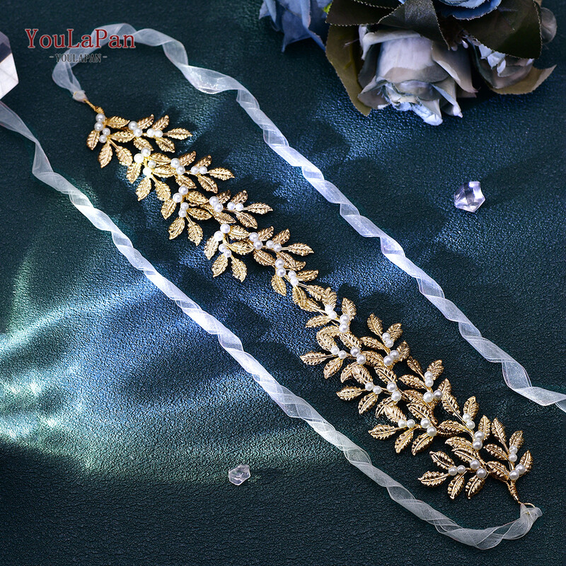 YouLaPan ötvözött leveles tiara női gyöngyökhöz menyasszonyi fejpánt esküvői hajkiegészítők kézzel készített lány fejdísz organzával HP353