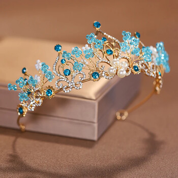 The New Princess Crown Flower Pearl Blue Crystal Bridal Diadem Wedding Tiara Headpiece Hair Jewelry Wedding Hair Accessories