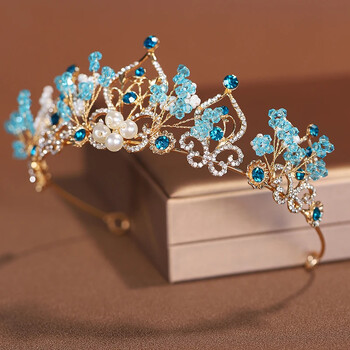 The New Princess Crown Flower Pearl Blue Crystal Bridal Diadem Wedding Tiara Headpiece Hair Jewelry Wedding Hair Accessories