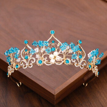 The New Princess Crown Flower Pearl Blue Crystal Bridal Diadem Wedding Tiara Headpiece Hair Jewelry Wedding Hair Accessories