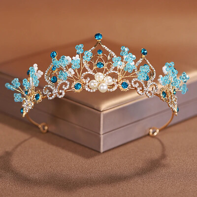 The New Princess Crown Flower Pearl Blue Crystal Bridal Diadem Wedding Tiara Headpiece Hair Jewelry Wedding Hair Accessories