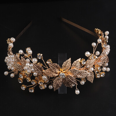 Frunze de aur Cristal Perle Mireasă Bentiță Strasuri Ornamente pentru Păr Femei Cabine Decor Floral Accesorii pentru păr de nuntă