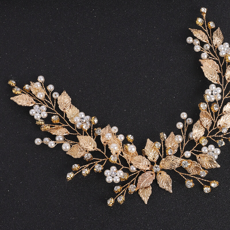 Frunze de aur Cristal Perle Mireasă Bentiță Strasuri Ornamente pentru Păr Femei Cabine Decor Floral Accesorii pentru păr de nuntă