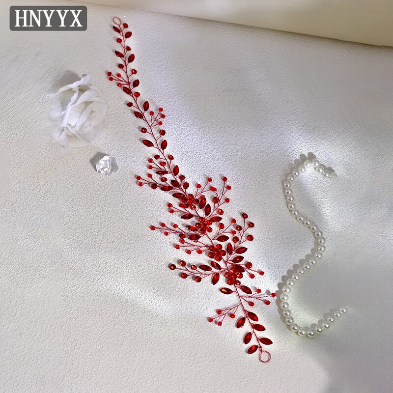 HNYYX Sarkans Rhinestone Galvassegas Līgavas Kāzu Matu Aksesuāri Mirdzoši Kristāla ziedu galvassegas Sieviešu rotaslietas Tiāra A225