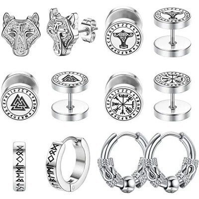 6 Páros szett 18G Viking Rune Kerek Fülbevaló Női Férfi 316L Rozsdamentes Acél Porc Tragus Helix Piercing Ékszer