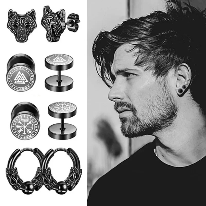 6 Páros szett 18G Viking Rune Kerek Fülbevaló Női Férfi 316L Rozsdamentes Acél Porc Tragus Helix Piercing Ékszer