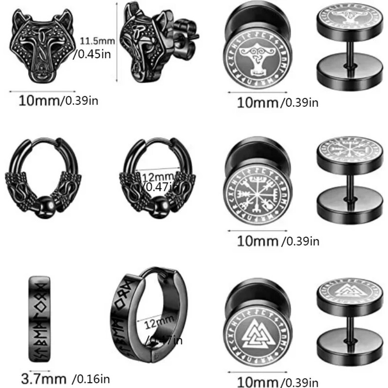 6 Páros szett 18G Viking Rune Kerek Fülbevaló Női Férfi 316L Rozsdamentes Acél Porc Tragus Helix Piercing Ékszer
