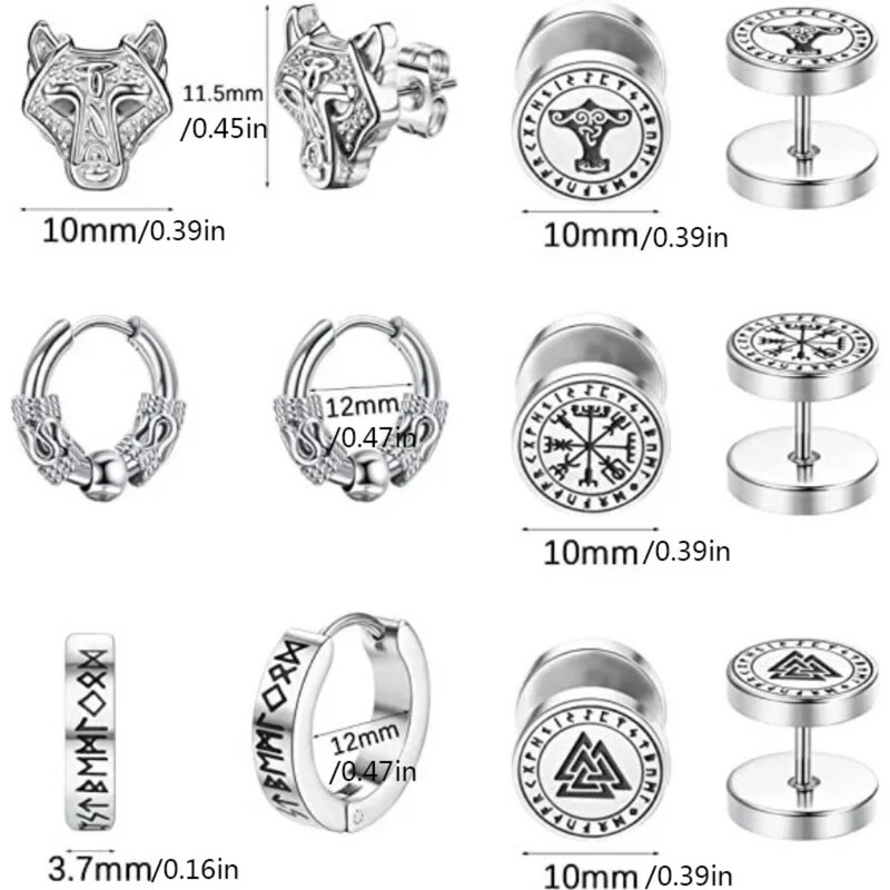 6 Páros szett 18G Viking Rune Kerek Fülbevaló Női Férfi 316L Rozsdamentes Acél Porc Tragus Helix Piercing Ékszer