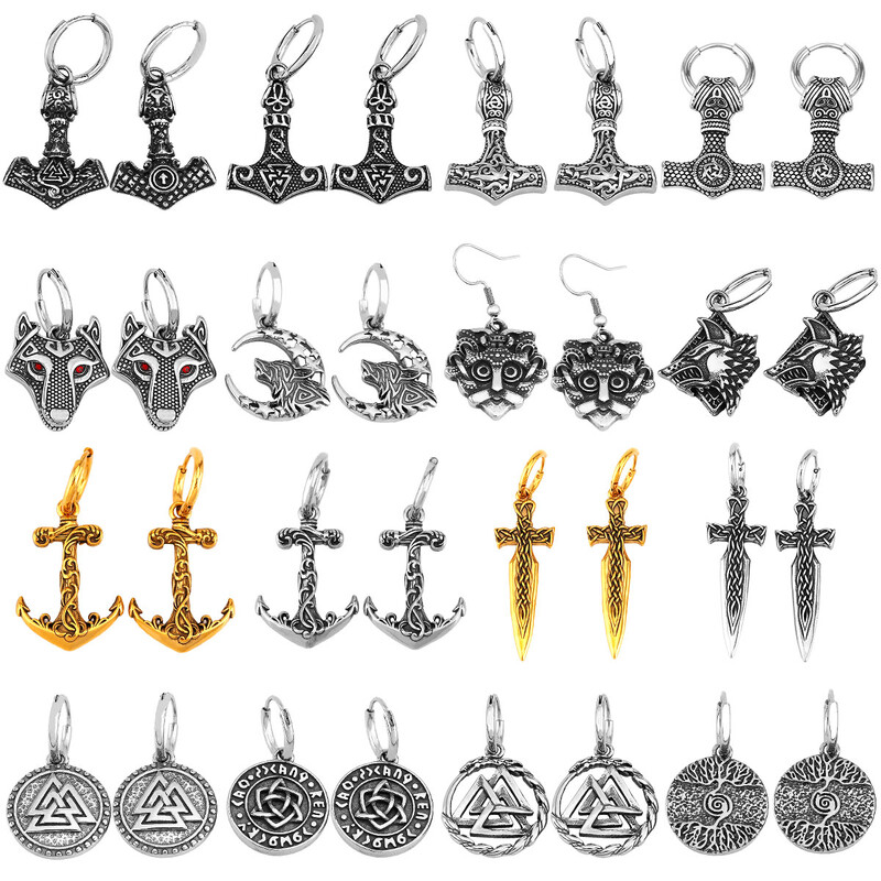 Nordijski Viking Glava vuka Thorov čekić Naušnice Muškarci Žene Nehrđajući čelik Rune Amulet Naušnice Party Club Nakit Poklon