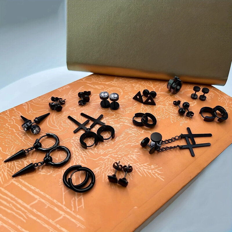 Modes vīriešu auskaru komplekts ar 15 db: izturīgas nerūsējošā tērauda kniedes un stīpas, daudzpusīgs un moderns dizains ikvienam gadījumam