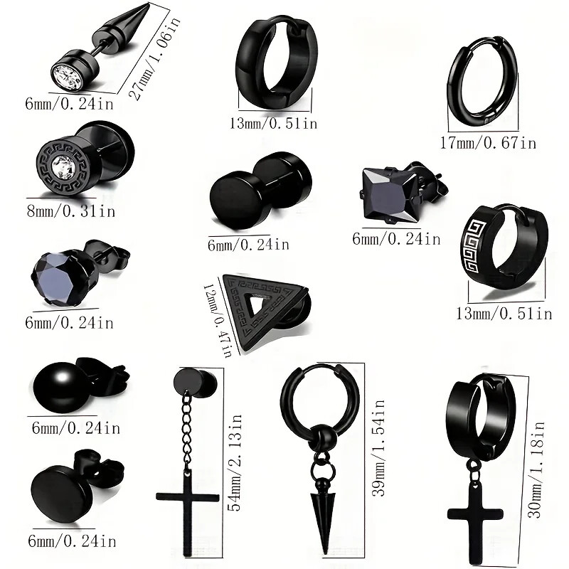 Modes vīriešu auskaru komplekts ar 15 db: izturīgas nerūsējošā tērauda kniedes un stīpas, daudzpusīgs un moderns dizains ikvienam gadījumam