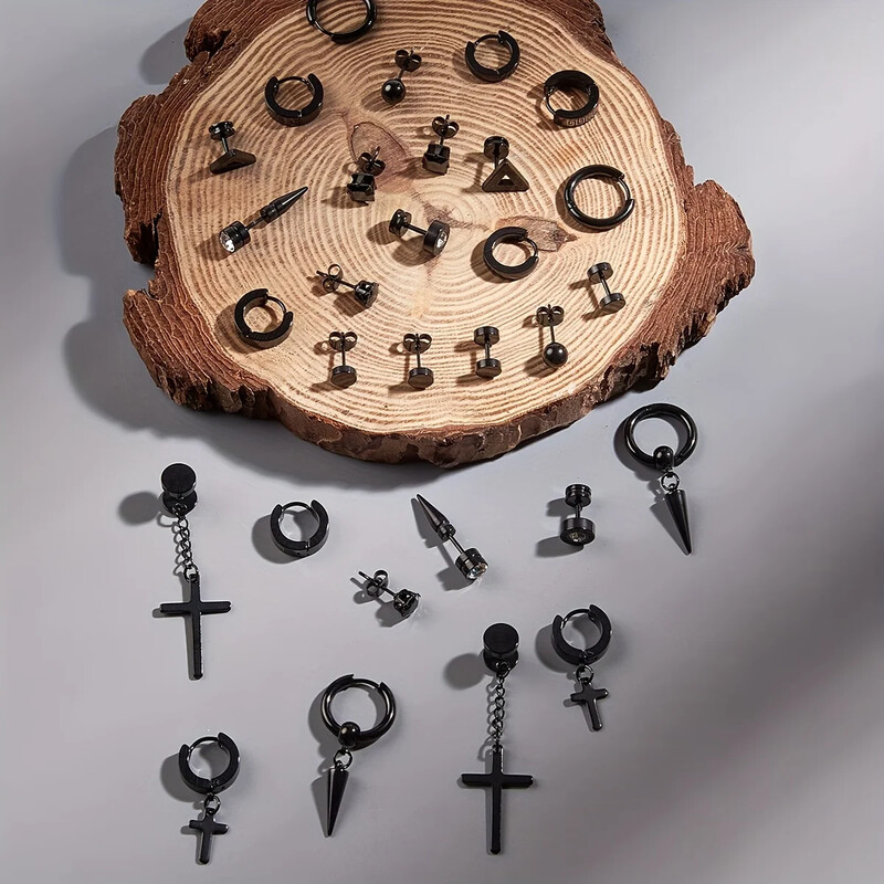 Modes vīriešu auskaru komplekts ar 15 db: izturīgas nerūsējošā tērauda kniedes un stīpas, daudzpusīgs un moderns dizains ikvienam gadījumam