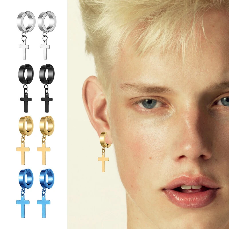 2 db rozsdamentes acél kapocs, nem piercinges női fülbevaló férfiaknak fekete arany színű kereszt gótikus punk rock csepp Pendiente ékszer