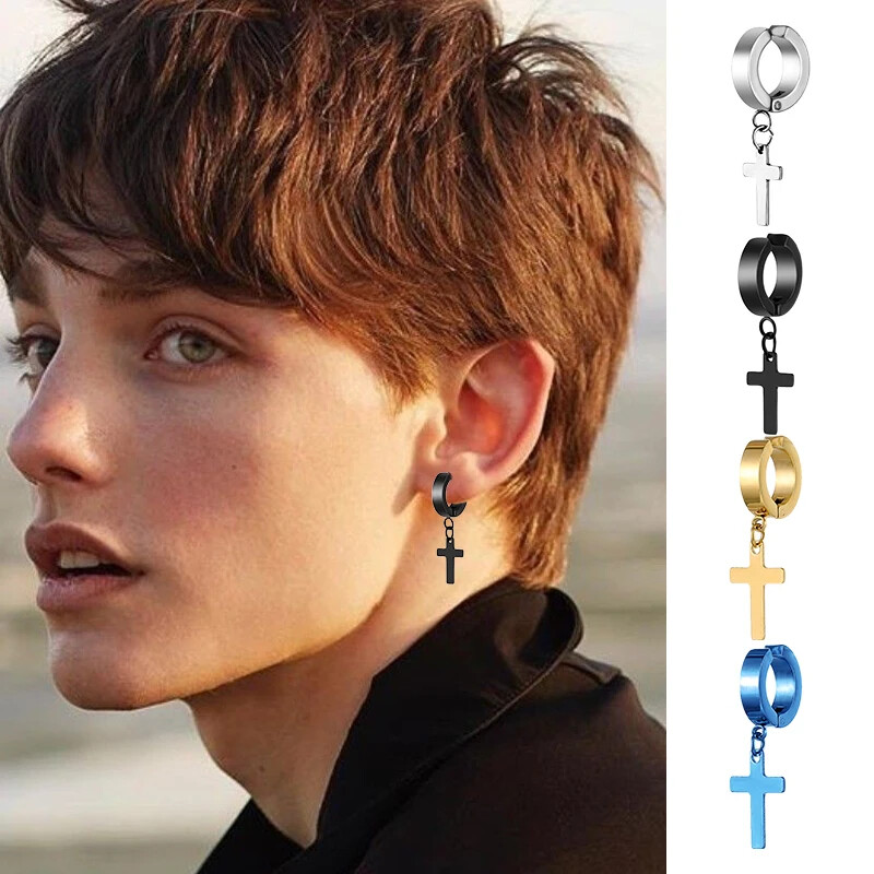 2 db rozsdamentes acél kapocs, nem piercinges női fülbevaló férfiaknak fekete arany színű kereszt gótikus punk rock csepp Pendiente ékszer