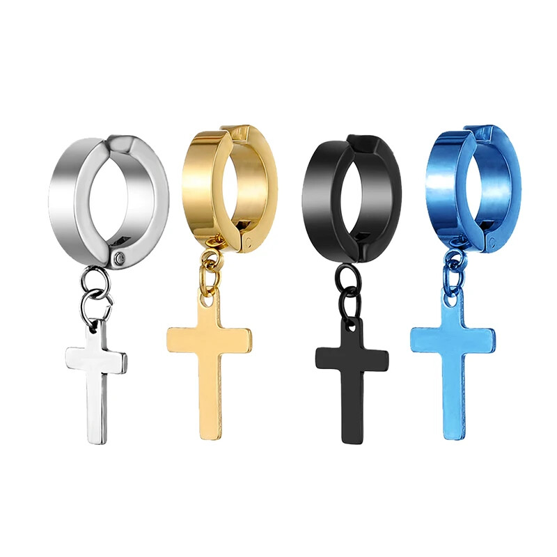 2 db rozsdamentes acél kapocs, nem piercinges női fülbevaló férfiaknak fekete arany színű kereszt gótikus punk rock csepp Pendiente ékszer