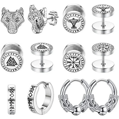 Set de 6 perechi de cercei cu știfturi rotunzi, rune vikinge de 18G, pentru femei, bărbați, din oțel inoxidabil 316L, bijuterii piercing pentru cartilajul tragus Helix