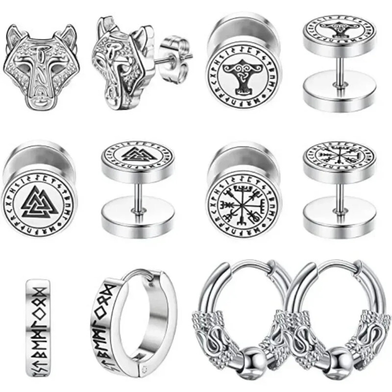 Set de 6 perechi de cercei cu știfturi rotunzi, rune vikinge de 18G, pentru femei, bărbați, din oțel inoxidabil 316L, bijuterii piercing pentru cartilajul tragus Helix