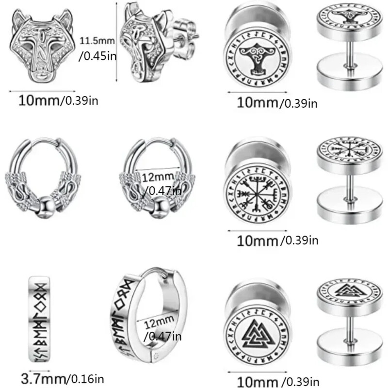 Set de 6 perechi de cercei cu știfturi rotunzi, rune vikinge de 18G, pentru femei, bărbați, din oțel inoxidabil 316L, bijuterii piercing pentru cartilajul tragus Helix