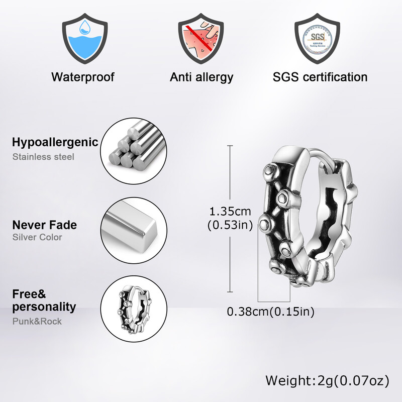 Vnox Anti Allergy rozsdamentes acél karikás fülbevaló, kis kerek Huggies fülbevaló, punk rock férfi füles ékszerek