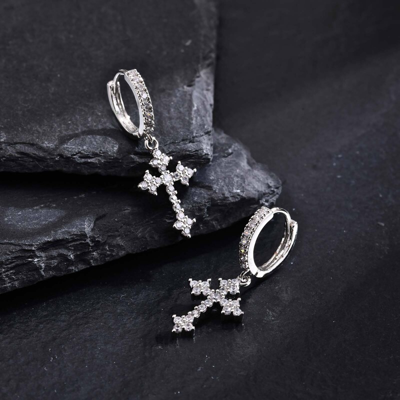 Cercei încrucișați pentru bărbați, cercei cu cerc de metal cu incrustație de zircon AAA, cadouri hip hop de lux Rap bijuterii cool