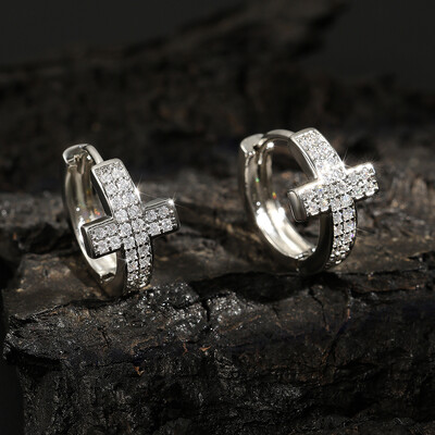 RAKOL 1Pair Punk Ασημί Χρώμα Σταυρωτά Σκουλαρίκια Iced Out Zirconia Hiphop Trend Κοσμήματα για Ανδρικά Αγόρια Rave Party