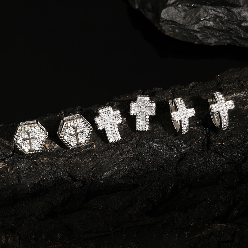 RAKOL 1Pair Punk Ασημί Χρώμα Σταυρωτά Σκουλαρίκια Iced Out Zirconia Hiphop Trend Κοσμήματα για Ανδρικά Αγόρια Rave Party