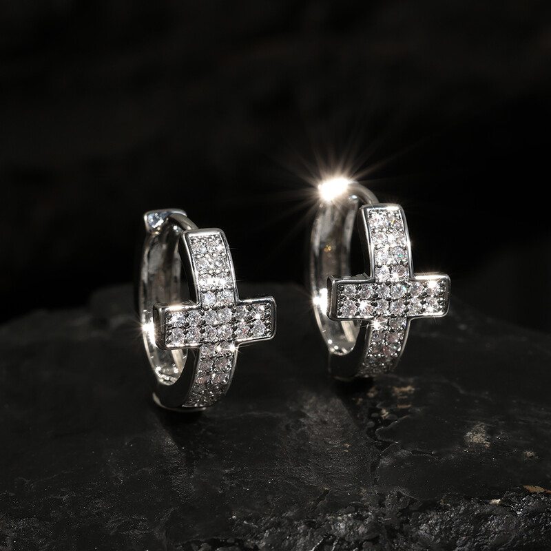 RAKOL 1Pair Punk Ασημί Χρώμα Σταυρωτά Σκουλαρίκια Iced Out Zirconia Hiphop Trend Κοσμήματα για Ανδρικά Αγόρια Rave Party