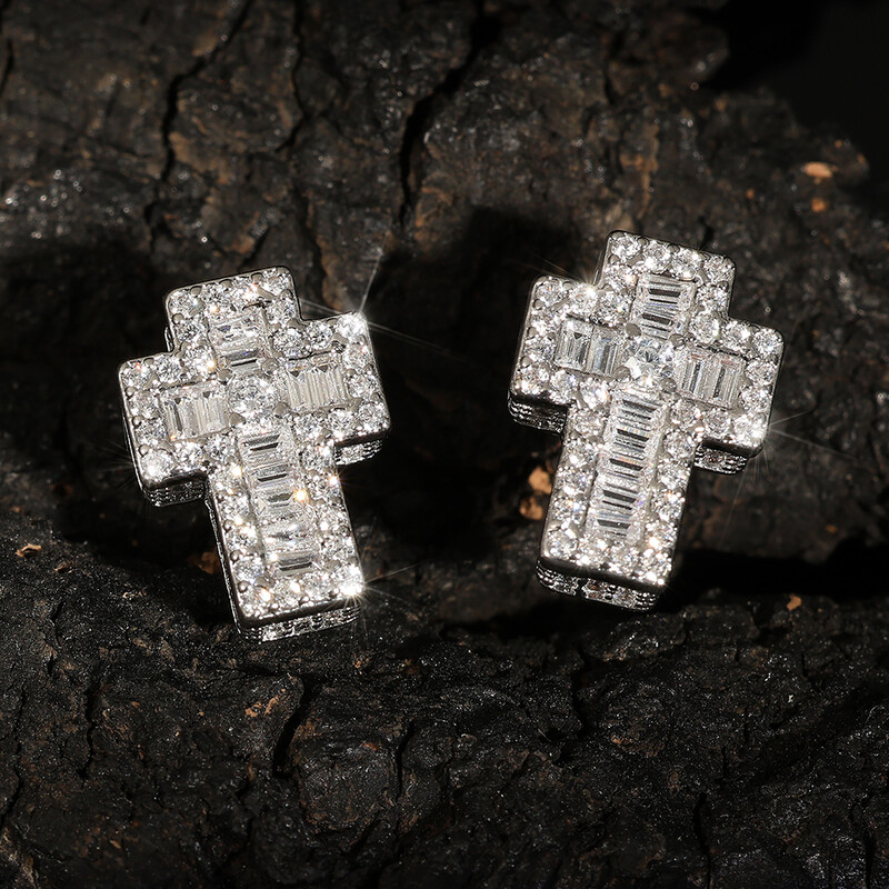 RAKOL 1Pair Punk Ασημί Χρώμα Σταυρωτά Σκουλαρίκια Iced Out Zirconia Hiphop Trend Κοσμήματα για Ανδρικά Αγόρια Rave Party