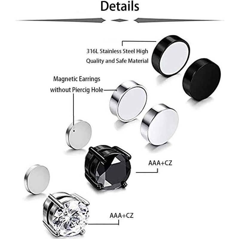 4 pāri nerūsējošā tērauda magnētiski auskari vīriešiem sievietēm, CZ magnēts viltoti auskari bez caurduršanas auskaru saspraudes komplekts