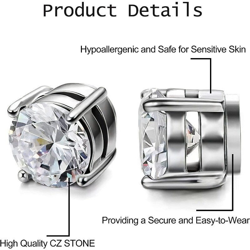 4 pāri nerūsējošā tērauda magnētiski auskari vīriešiem sievietēm, CZ magnēts viltoti auskari bez caurduršanas auskaru saspraudes komplekts