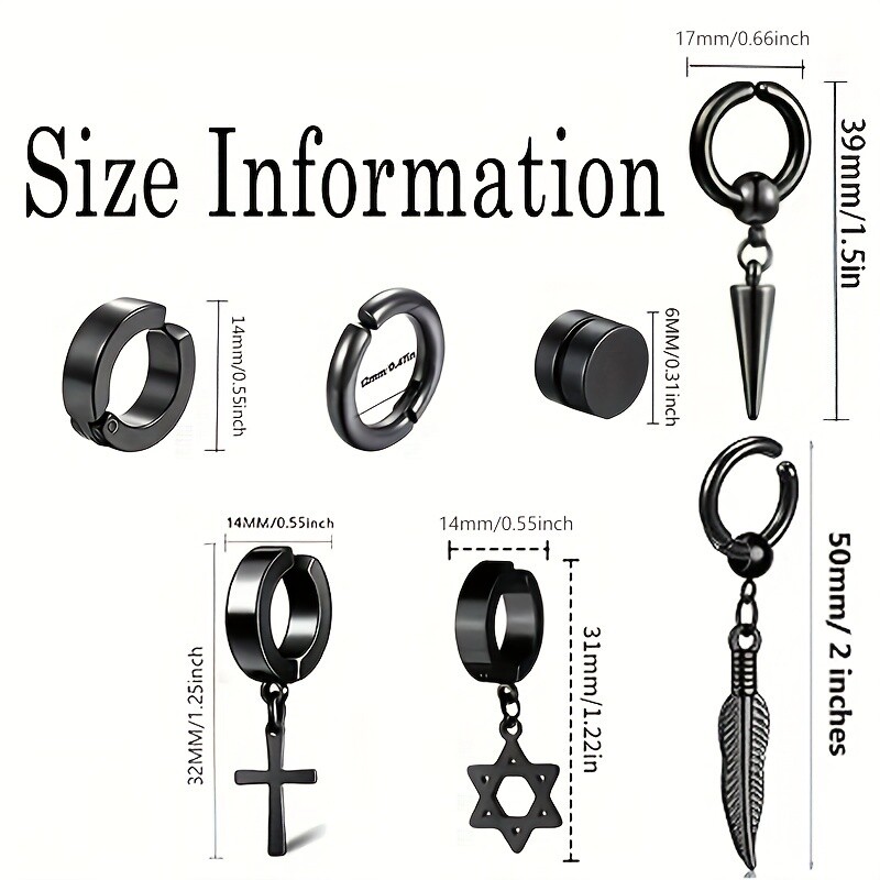 7 perechi de cercei magnetici negri, cercei cu agrafă din oțel inoxidabil pentru bărbați, cercei cu cruce falsă, cleme pentru urechi