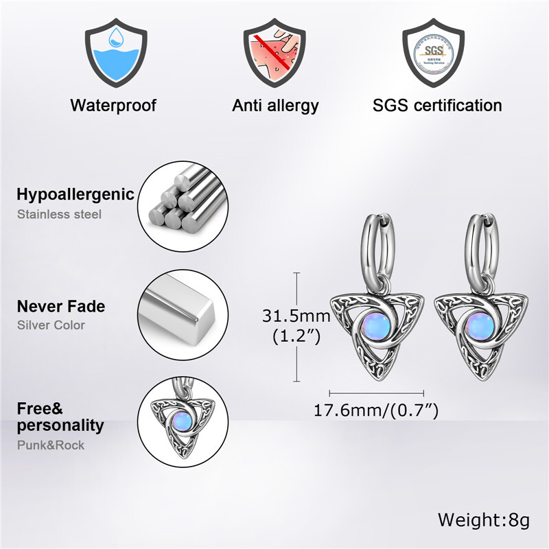 Naušnice s keltskim čvorom s mjesečevim kamenom za muškarce i dječake, naušnice s prstenom od nehrđajućeg čelika, punk hip hop rock rep cool nakit dodaci darovi