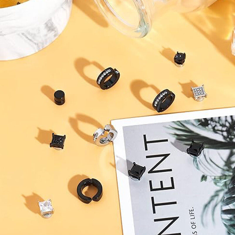 1 pereche de cercei magnetici din oțel inoxidabil, fără piercing, cu incrustare cu zirconiu cubic, set de cercei cu cerc pentru bărbați și femei