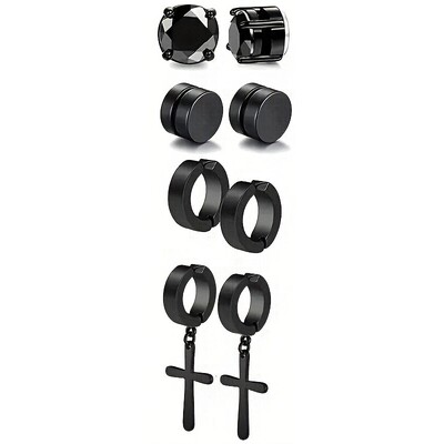 4 perechi de cercei magnetici din oțel inoxidabil - stil gotic hip hop, știfturi fără durere cu agrafă pentru moda stradă