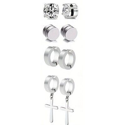 4 perechi de cercei magnetici din oțel inoxidabil - stil gotic hip hop, știfturi fără durere cu agrafă pentru moda stradă