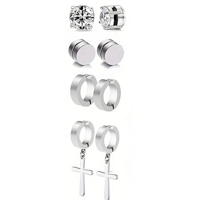 4 perechi de cercei magnetici din oțel inoxidabil - stil gotic hip hop, știfturi fără durere cu agrafă pentru moda stradă