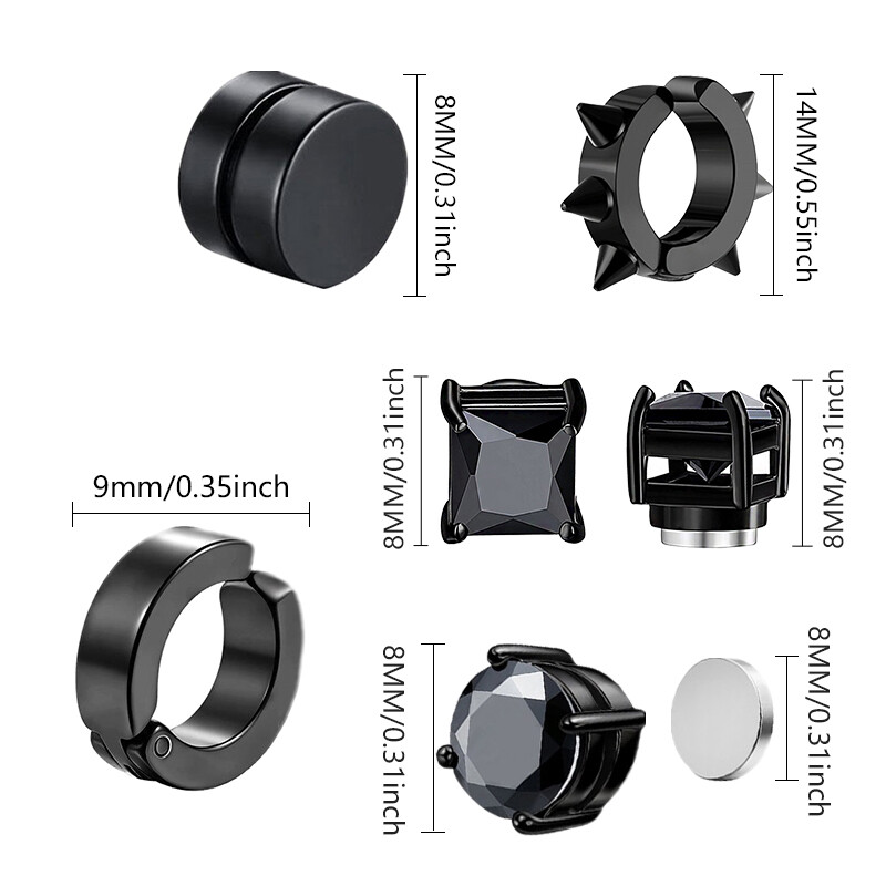 1/6 pāri nerūsējošā tērauda magnētiski auskari vīriešiem sievietēm unisex melns CZ magnēts, necaurdurošs auskaru komplekts, rotaslietas dāvana