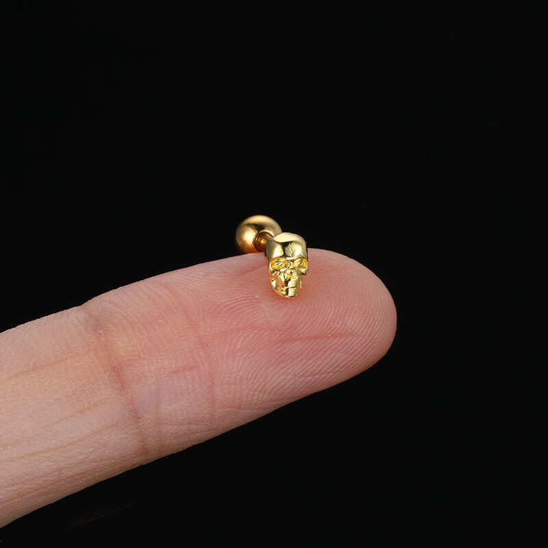 Cercei cu craniu pentru femei, stil punk, schelet mic, piercing din oțel inoxidabil, Helix, culoare auriu, șurub, ureche, cadou de Halloween CC177